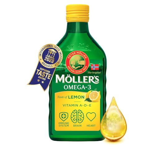 Moller’s ® | Aceite de hígado de bacalao | Complemento dietético con omega-3 EPA, DHA y vitaminas A, D y E | Sabor Limón | 250 ml