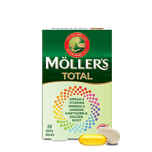 Moller’s ® | Total | Complemento Alimenticio de Uso Diario | Suplemento dietético con omega 3, EPA y DHA | Amplio espectro de vitaminas y minerales | Ginseng, Espino y Rodiola | 56 Cápsulas